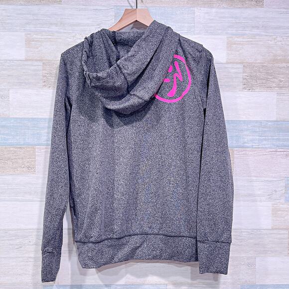 ZUMBA Elegance Full Zip Logo Hoodie Gray Pink Kangaroo Pocket Womens Small - Picture 4 of 9